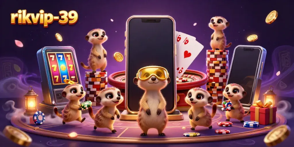 Experience the excitement of rikvip-39 with our lively meerkat casino scene featuring vibrant slot games and dynamic action.