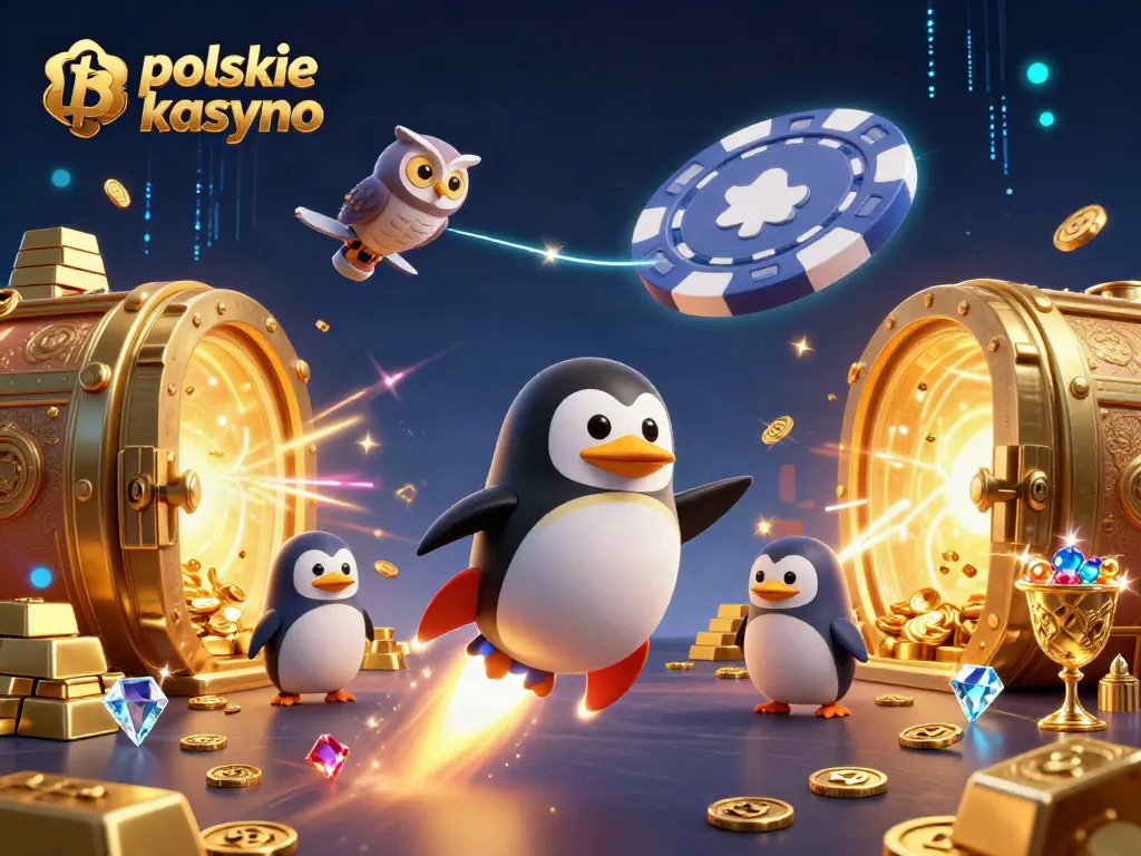 Engage with the thrilling world of polskie kasyno bitcoin, featuring a golden penguin at a casino space station.