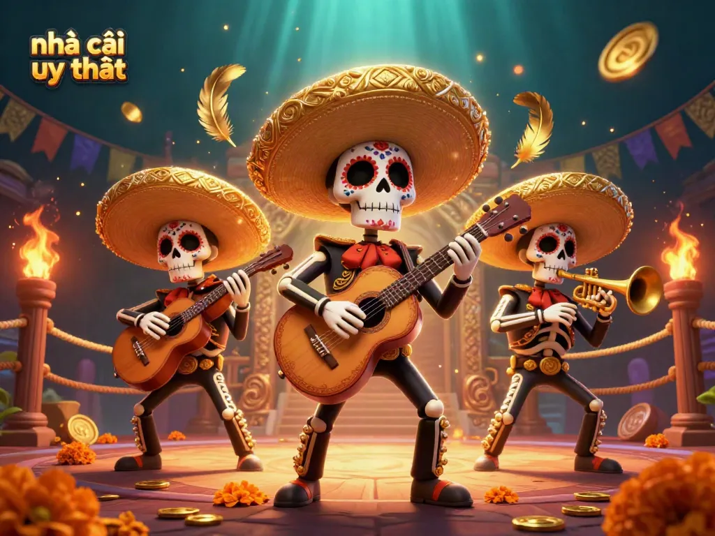 Engage with nhà cái uy tín in this vibrant scene featuring a mariachi band amidst casino elements.
