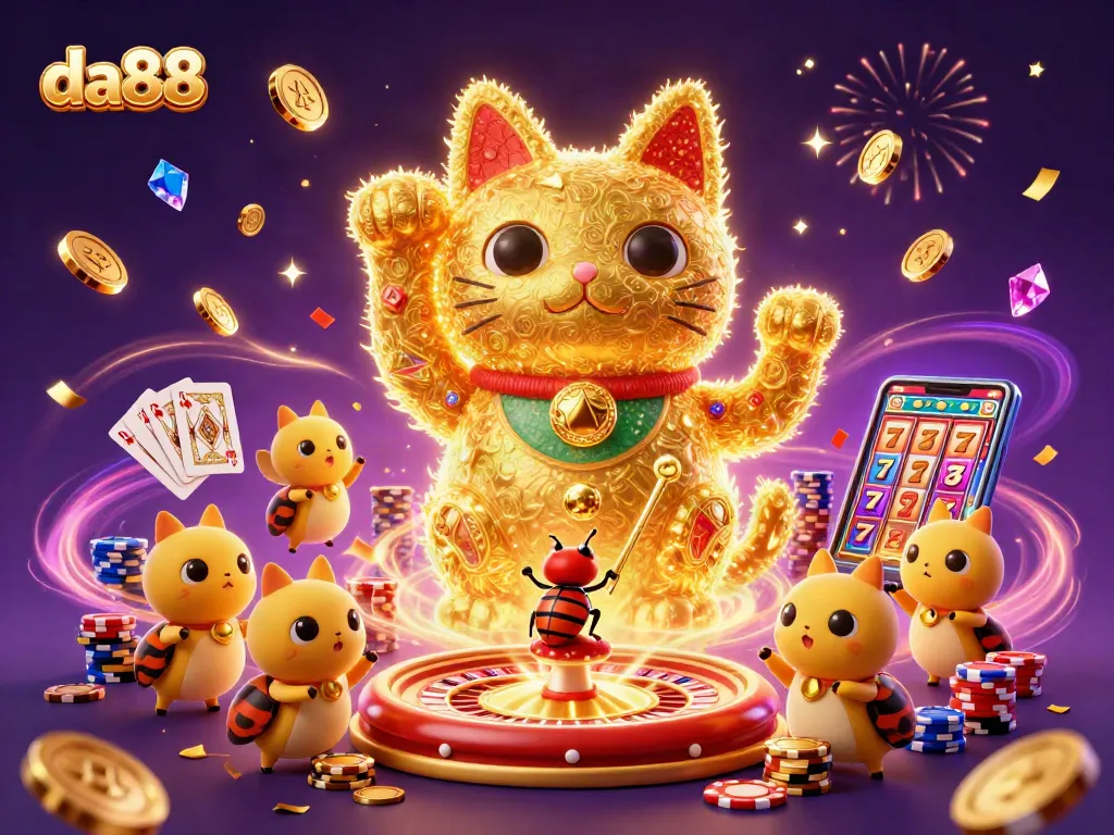 Experience the thrilling action at da88, where lucky cats and coins soar in a vibrant casino scene.