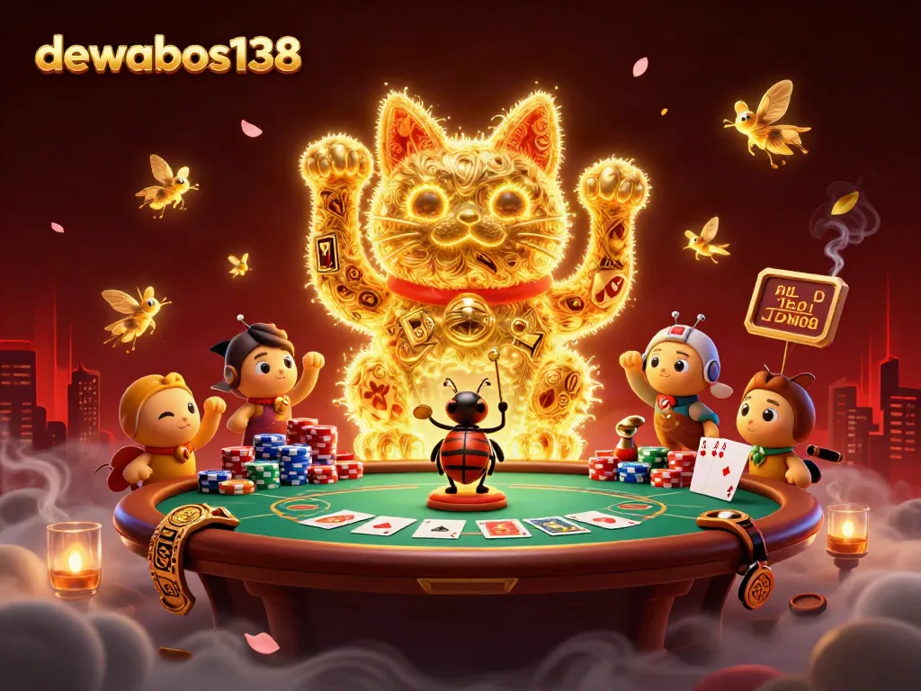 Permainan dewabos138 dengan simbol kasino dan kucing keberuntungan yang dinamis.