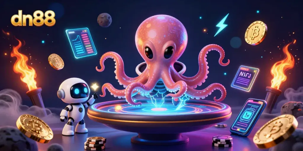 Experience exciting poker action with dn88 through a vibrant 3D digital casino scene.