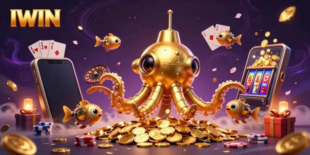 IWIN brings excitement alive with a golden kraken submarine and dynamic casino elements erupting in a vibrant scene.