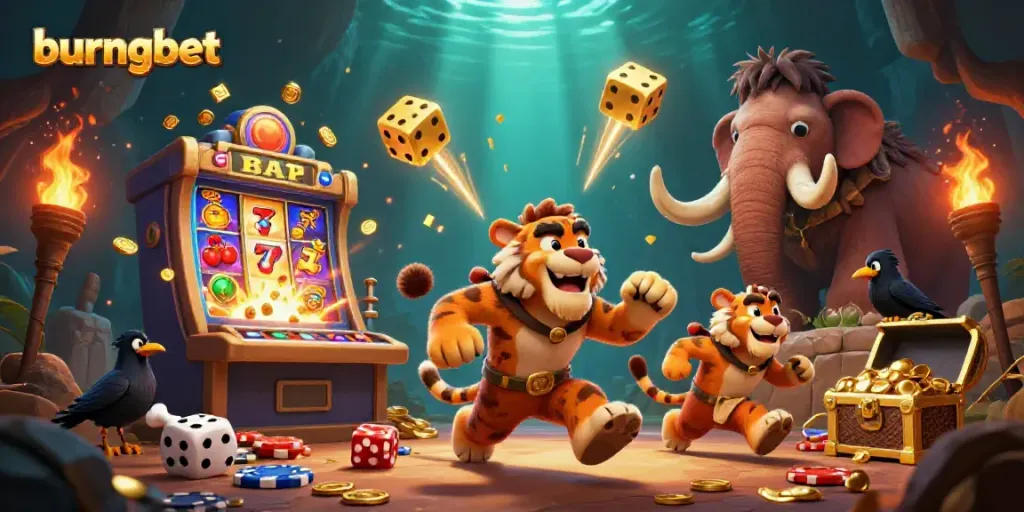 Experience thrilling gameplay at burungbet with cartoon caveman and tiger duo in a prehistoric casino scene.