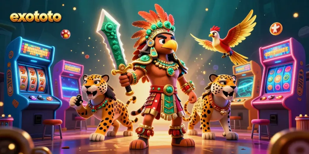 Menang dalam permainan slot gacor di EXOTOTO dengan tampilan karakter Aztec berjuang di depan mesin slot yang cerah.