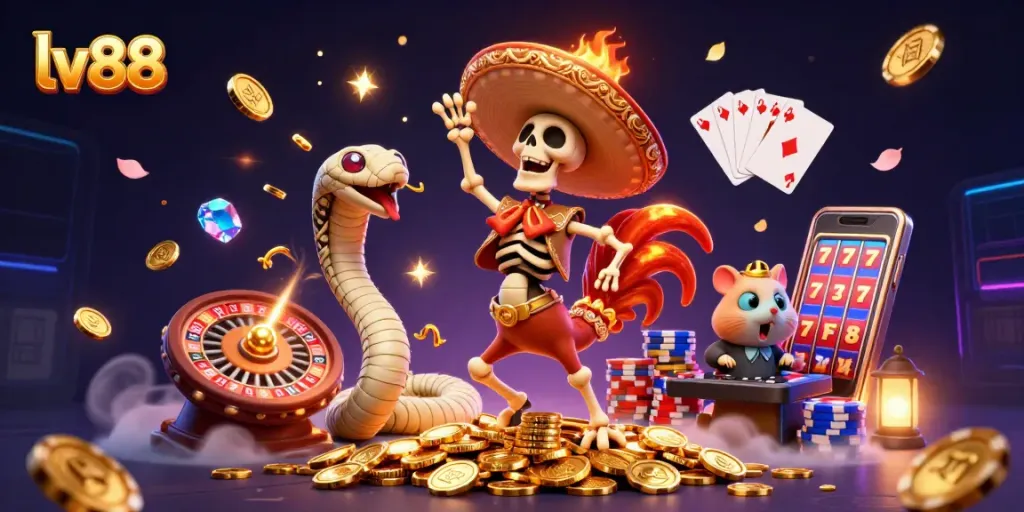 Experience excitement with lv88's vibrant casino scene featuring playful characters and dynamic gambling elements