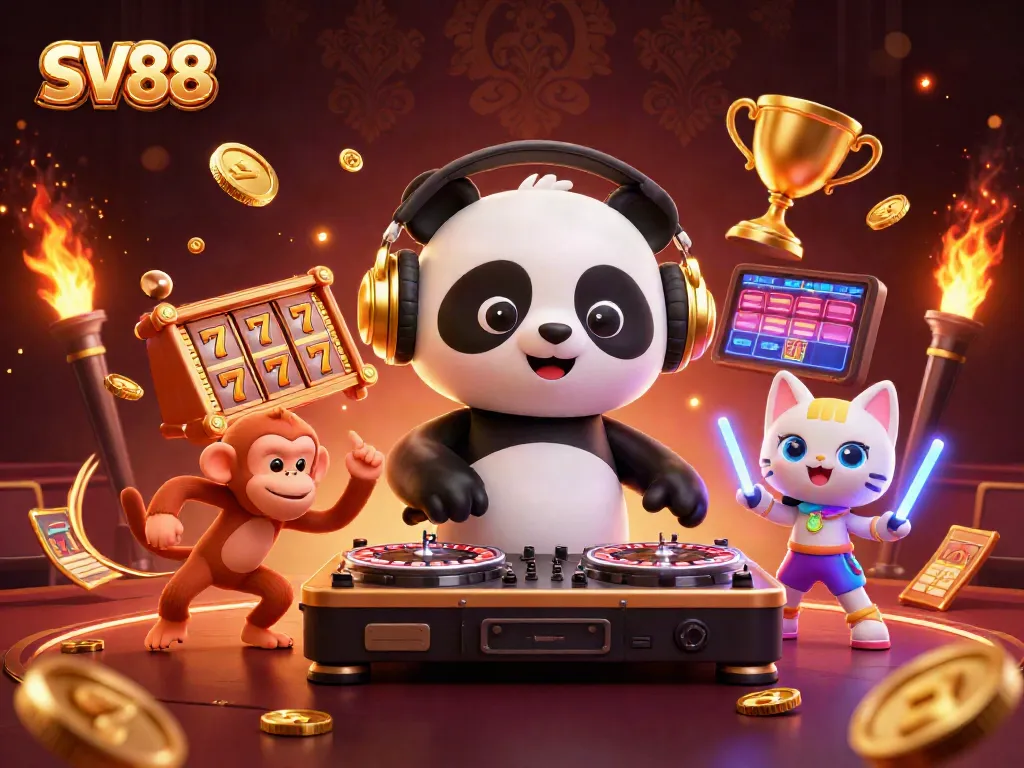 SV88 lively scene features DJ panda spinning reels and energetic characters celebrating as they enjoy gaming.