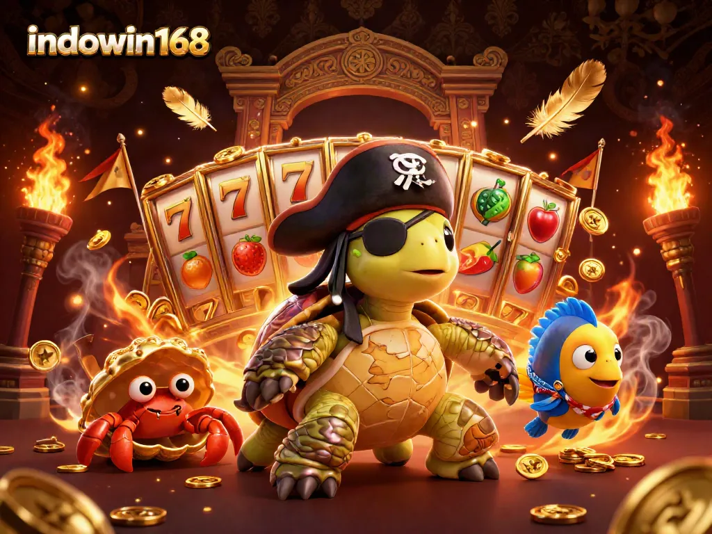 Experience the vibrant atmosphere of indowin168 with animated characters amidst lively slots and gold coins.