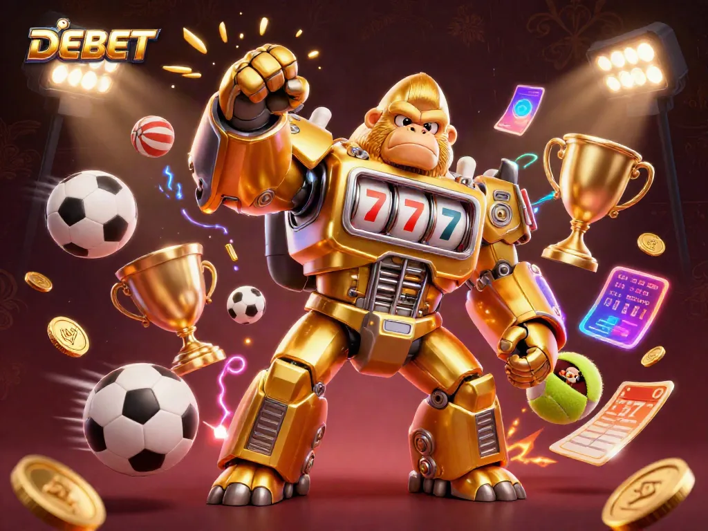Engage with DEBET's exciting sports betting world through a dynamic 3D illustration showcasing vibrant gaming elements.
