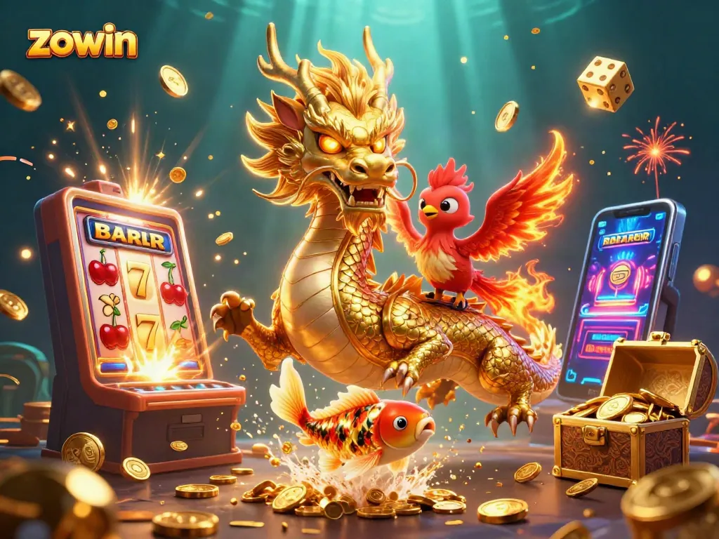 Engage with the exciting world of zowin as a golden dragon, phoenix, and koi fish celebrate jackpots amid vibrant casino elements.