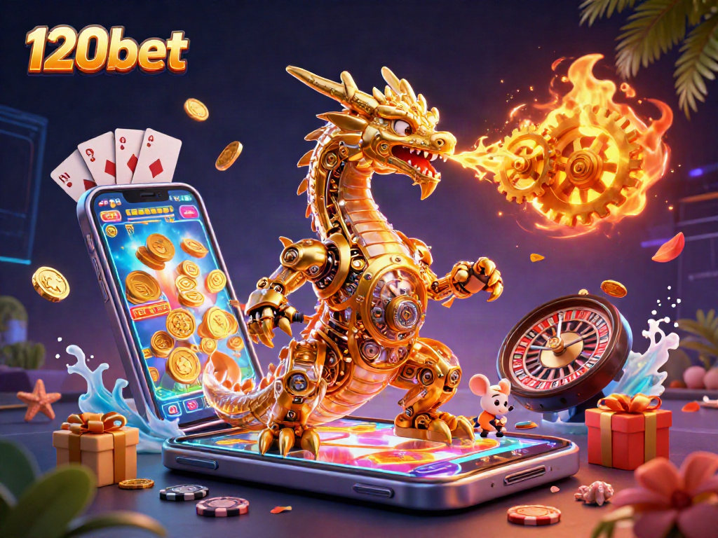 Engage with 120bet's vibrant casino scene featuring a golden dragon and dynamic game elements.