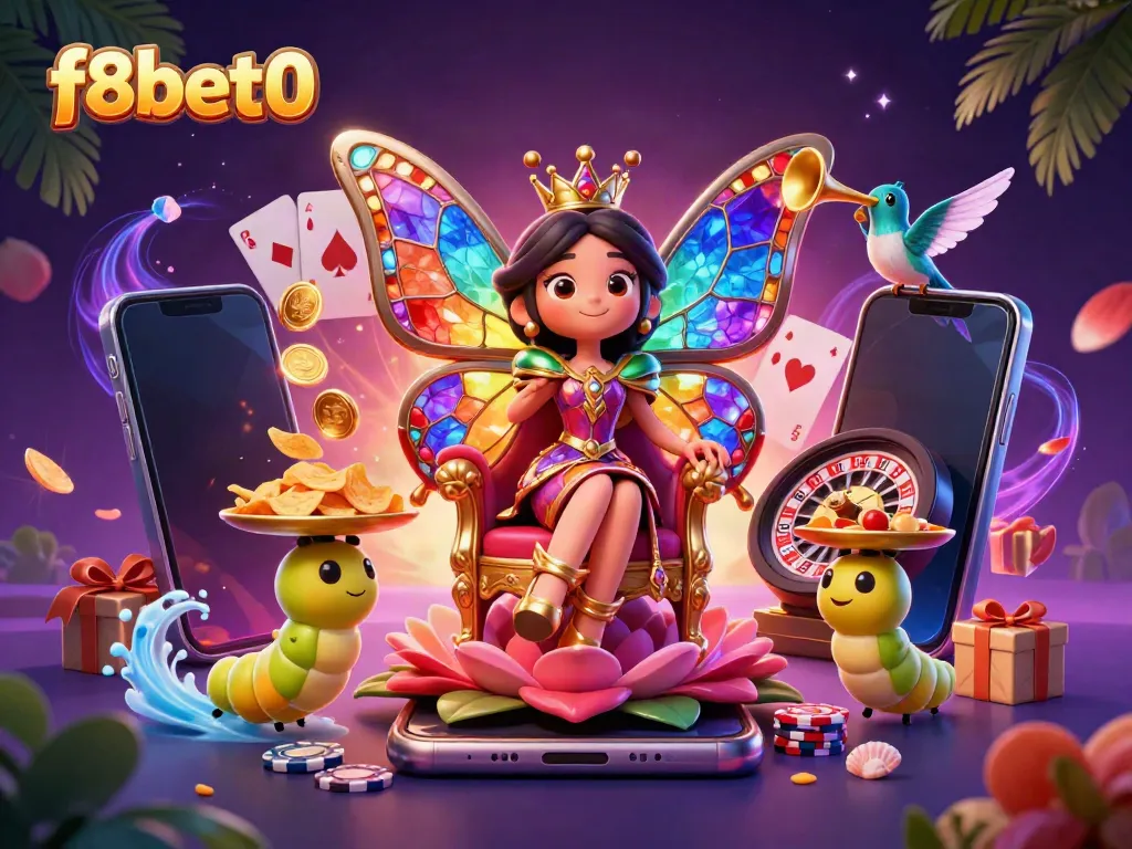 Experience thrilling gaming at f8bet0 with a jewel-toned casino scene featuring vibrant characters and dynamic game elements.