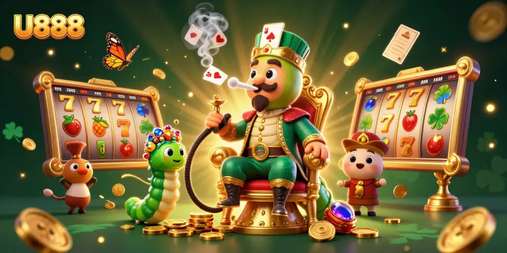 U888 offers an engaging illustration of slots and poker symbols in a fantasy casino scene.