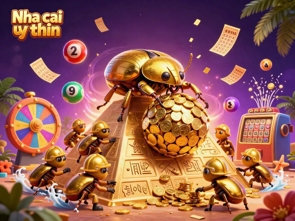 Nha cai uy tin illustrates a massive golden dung beetle rolling a coin ball in a vibrant casino scene.