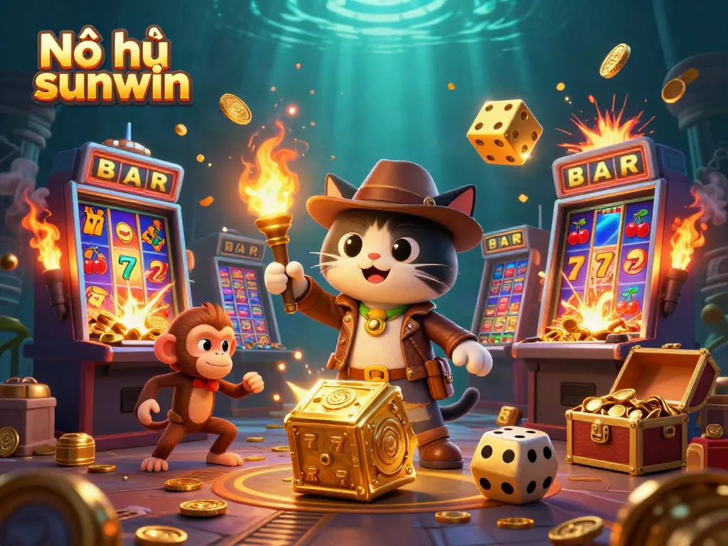 Experience Nổ hũ sunwin with dynamic 3D characters discovering jackpots and gold in an immersive casino adventure.