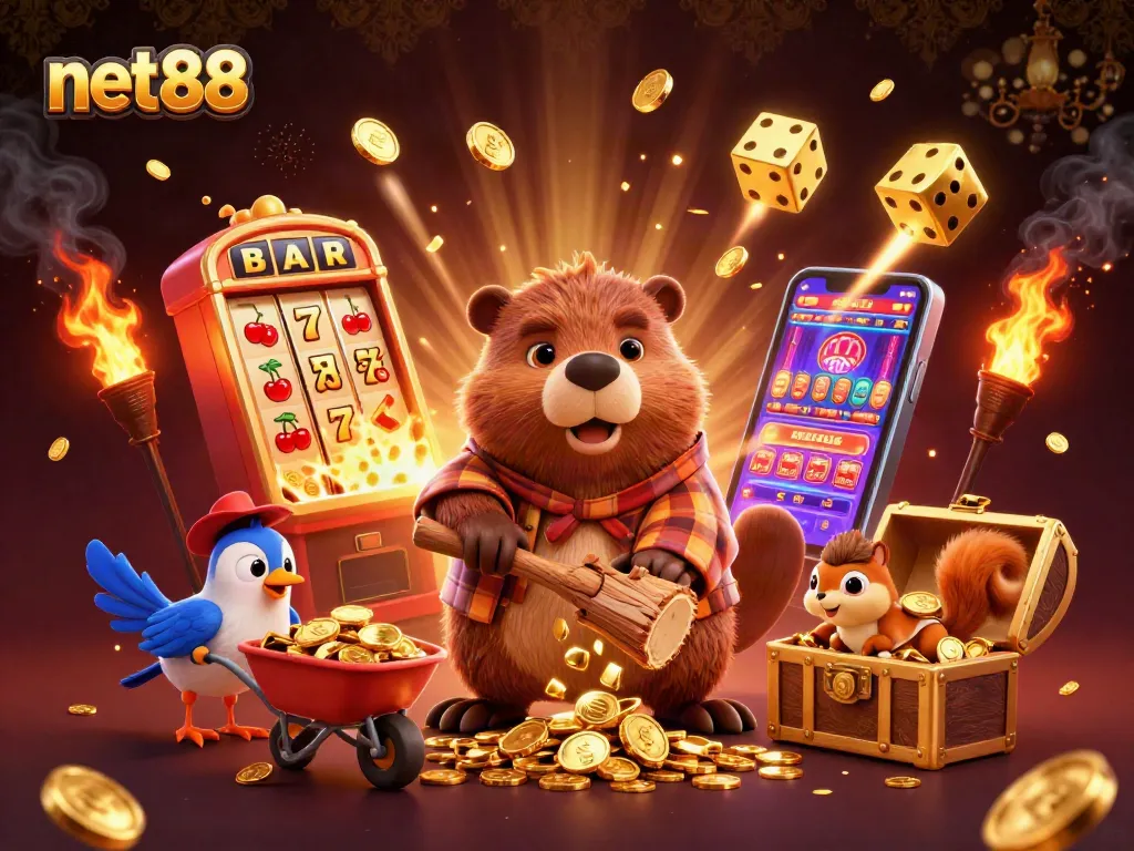 Engage in thrilling gaming with net88 featuring a vibrant scene of a beaver and friends celebrating casino wins.