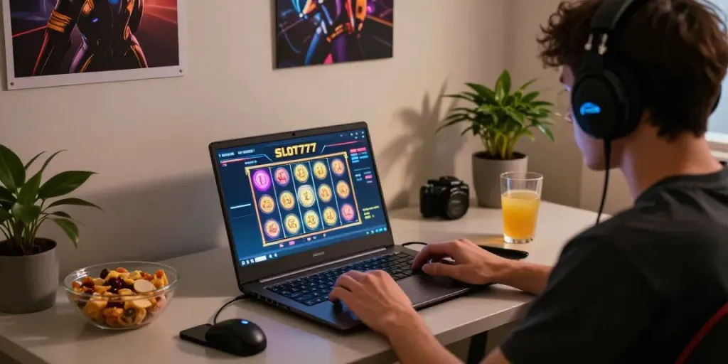 A player engaged in a SLOT777 online gaming session at home, with vibrant slot graphics on the laptop screen and an inviting setup.