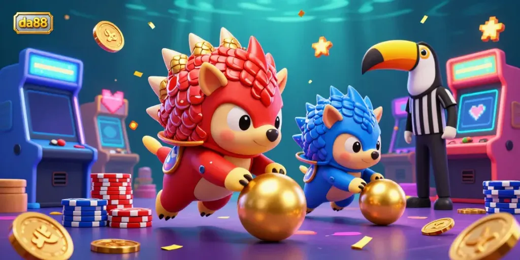 Experience the exciting world of da88 with rival pangolins bowling through poker chips in a vibrant casino scene.