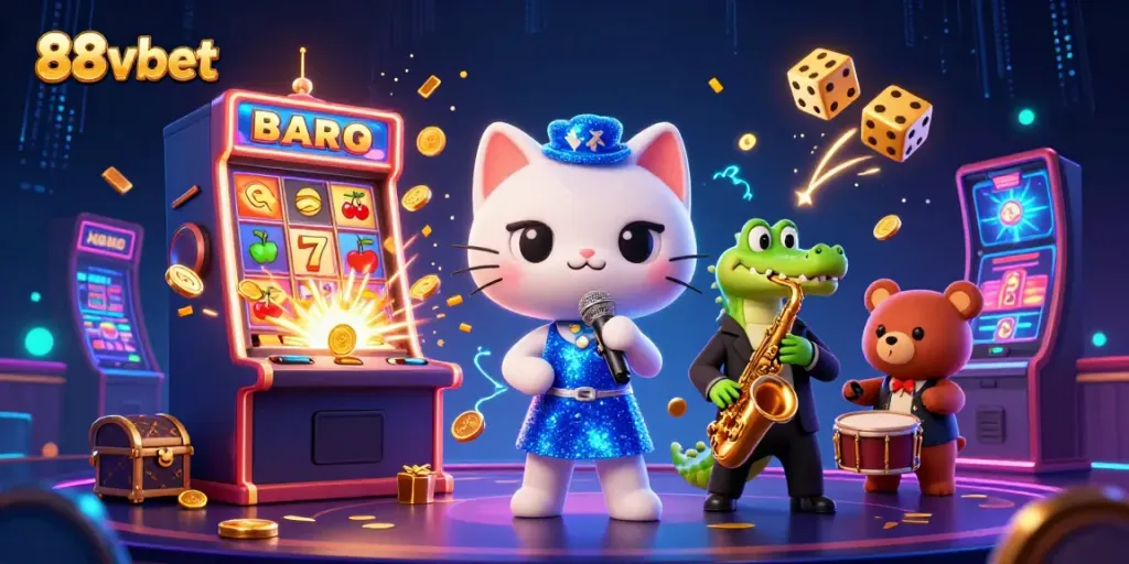 Experience excitement at 88vbet with a vibrant casino scene featuring a jazz cat, saxophone croc, and drum bear.
