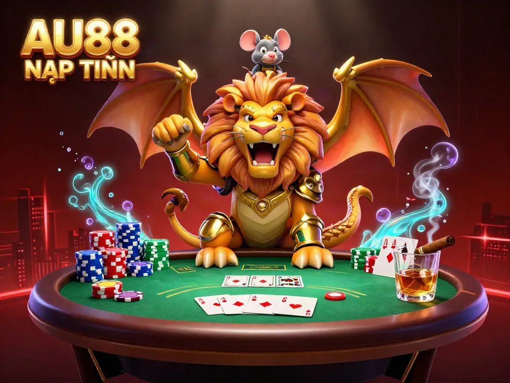 Engage with AU88 NẠP TIỀN, showcasing a chimera creature and vibrant poker scene, embodying dynamic gaming atmosphere.