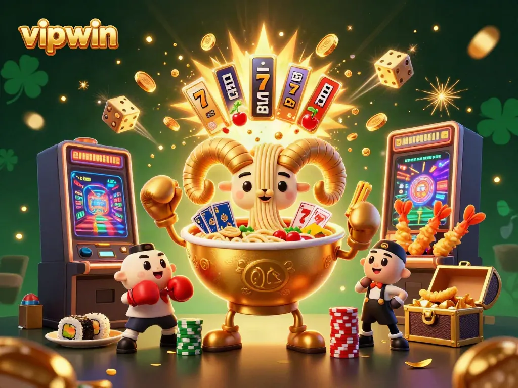 Experience exciting wins at vipwin with a vibrant 3D casino illustration showcasing a golden ramen bowl character.