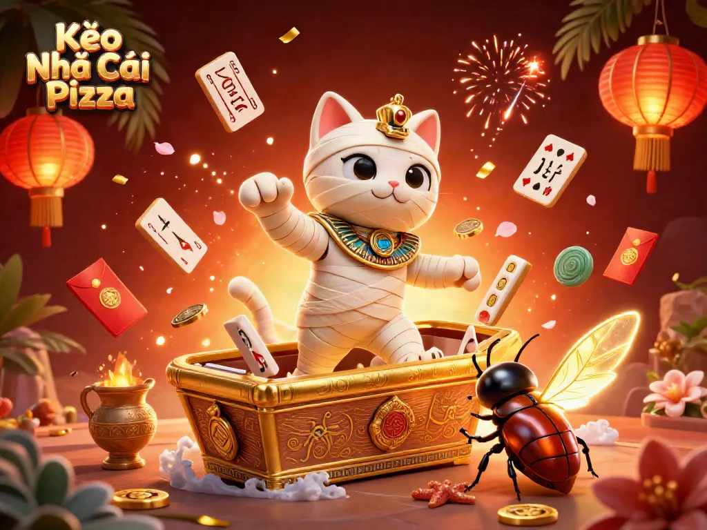 The scene showcases Kèo Nhà Cái Pizza: a 3D Egyptian mummy cat and a glowing scarab, amid floating gambling elements.