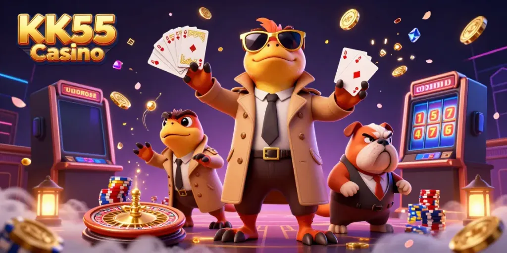 Experience excitement at KK55 Casino with raptors entering a VIP lounge surrounded by casino elements.