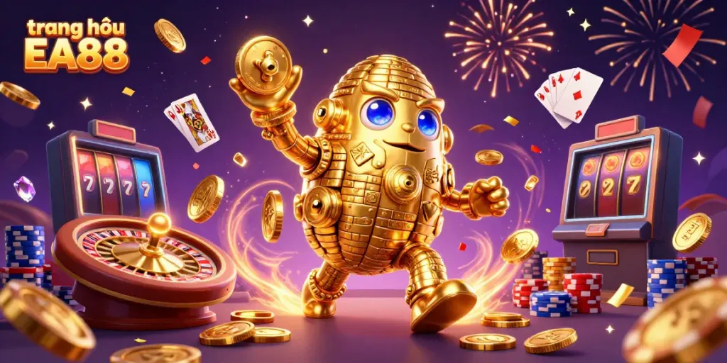Experience the vibrant world of trang chủ EA88 with golden golem, sparkle effects, and exciting casino elements