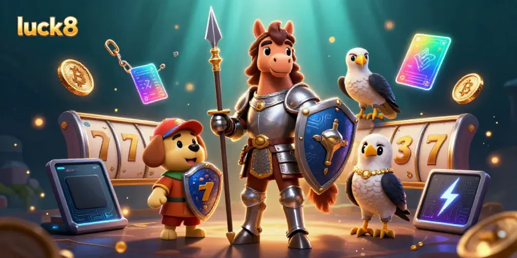 Experience thrilling gaming at luck8 with a knight, squire puppy, and falcon surrounded by vibrant slot elements and crypto coins.