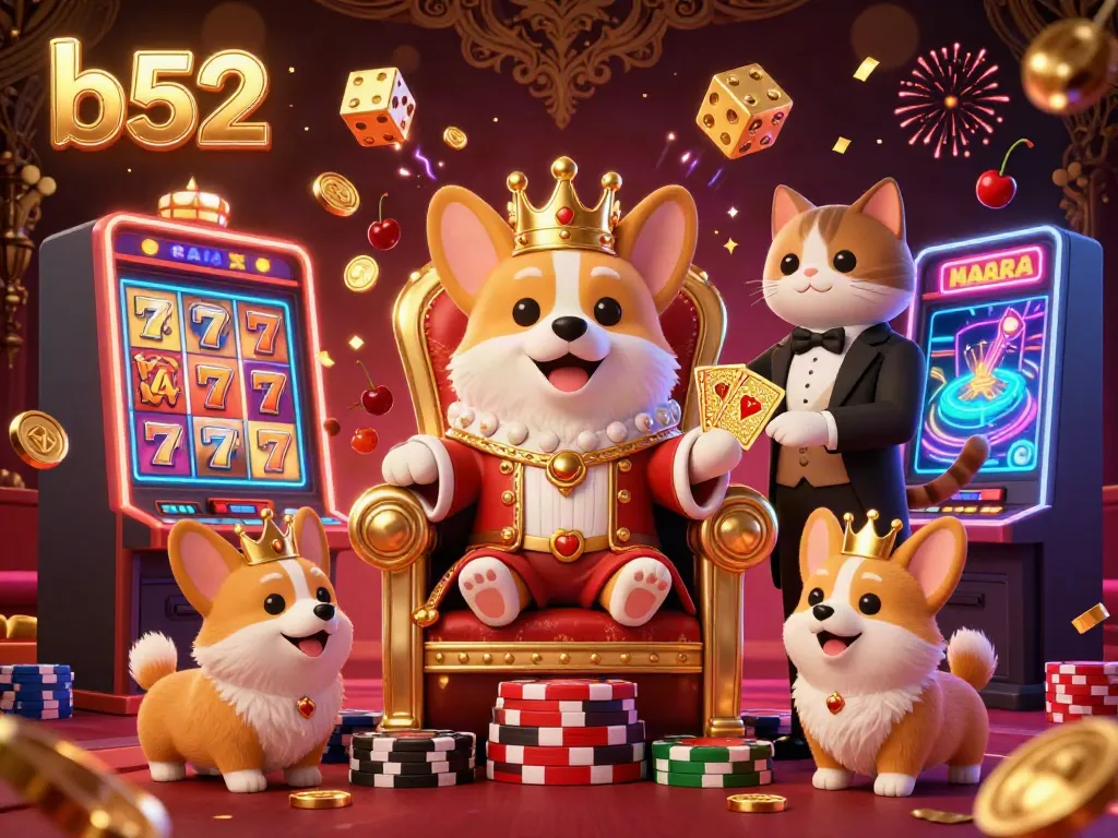 Spin the b52 slot machine with royal corgi characters for big wins in a vibrant casino setting.