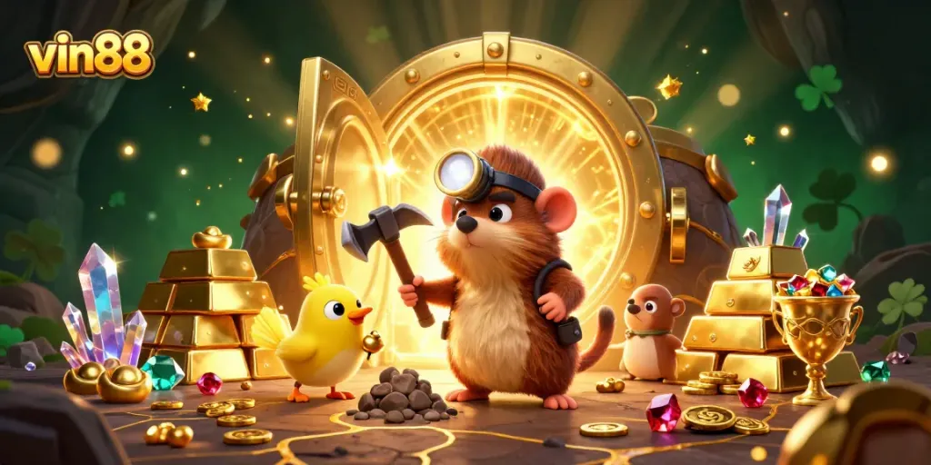 vin88 invites players to uncover treasures in a vibrant, animated casino scene filled with gems and gold.