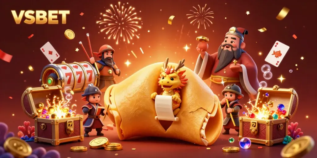 Experience the festive fortune with VSBET as a golden fortune cookie reveals insights amidst a colorful celebration of gaming.