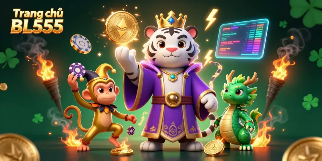 Experience excitement at Trang chủ BL555 with dazzling digital casino characters and cryptocurrency elements.