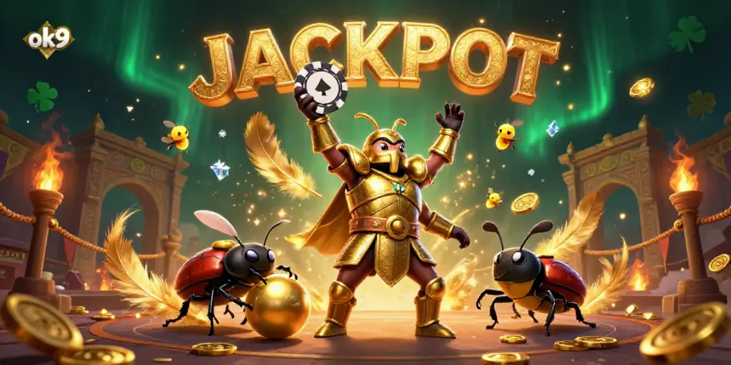 Experience thrilling moments with ok9 as a hercules beetle celebrates victory in a vibrant casino scene.