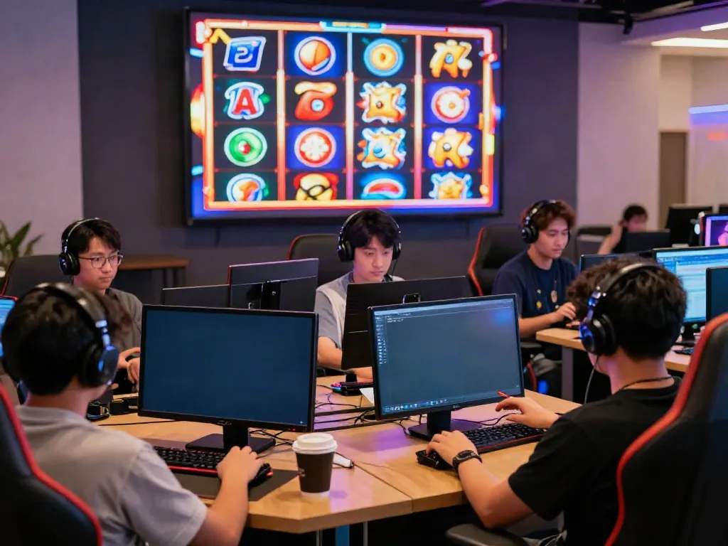 Players enjoying slot Thailand games on smartphones and tablets in a modern gaming setup.