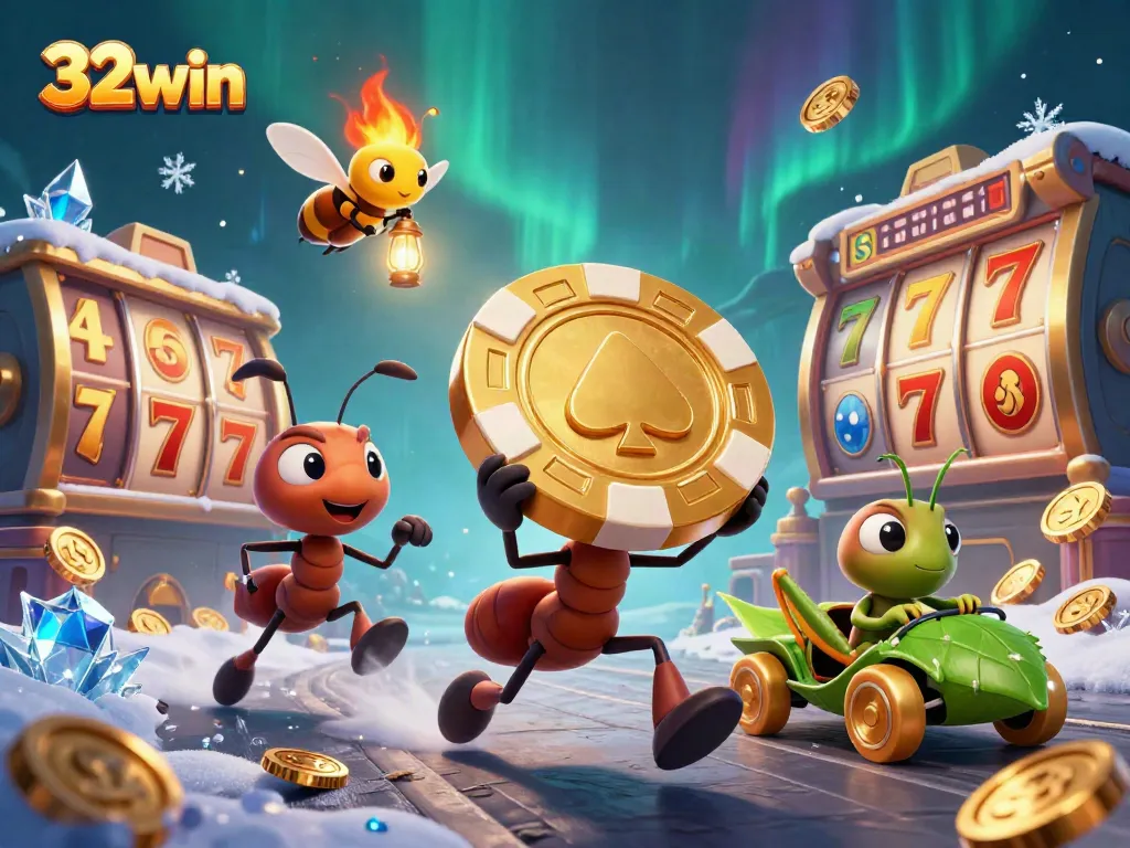 Experience the thrill of 32win with ants heisting a giant poker chip and spinning slot reels.