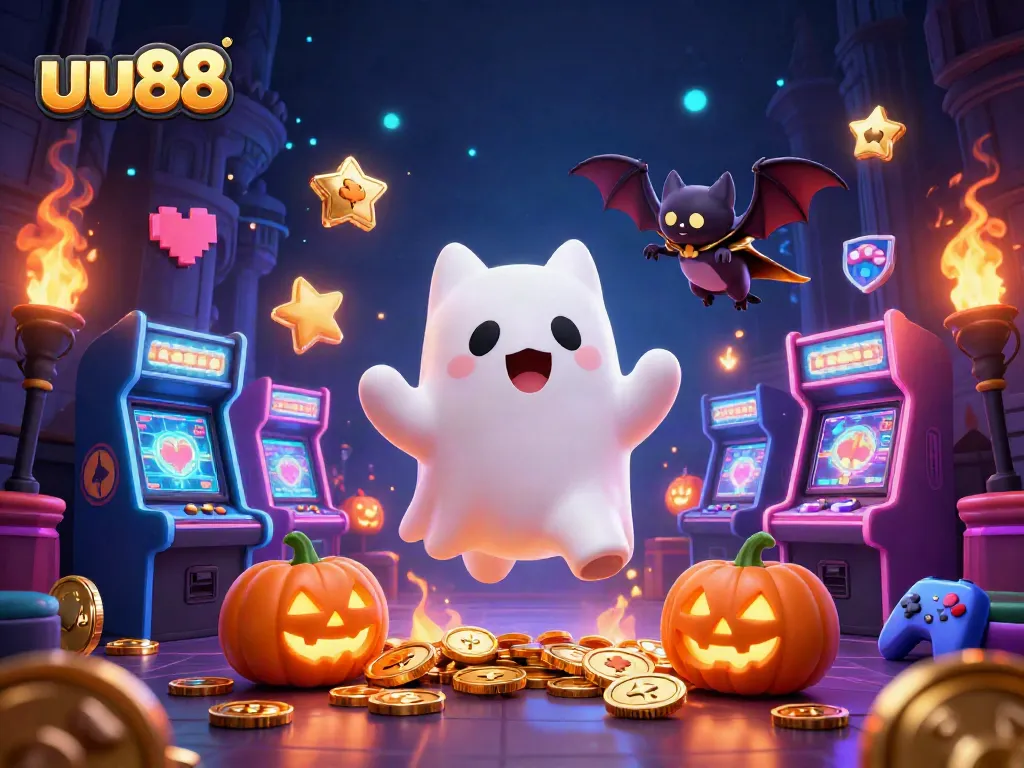 uu88 celebrates gaming excitement with a ghost cat and bat in a vibrant haunted casino.