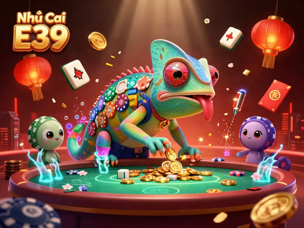 Experience the vibrant world of Nhà Cái E39 with dynamic casino elements and a colorful chameleon owner.