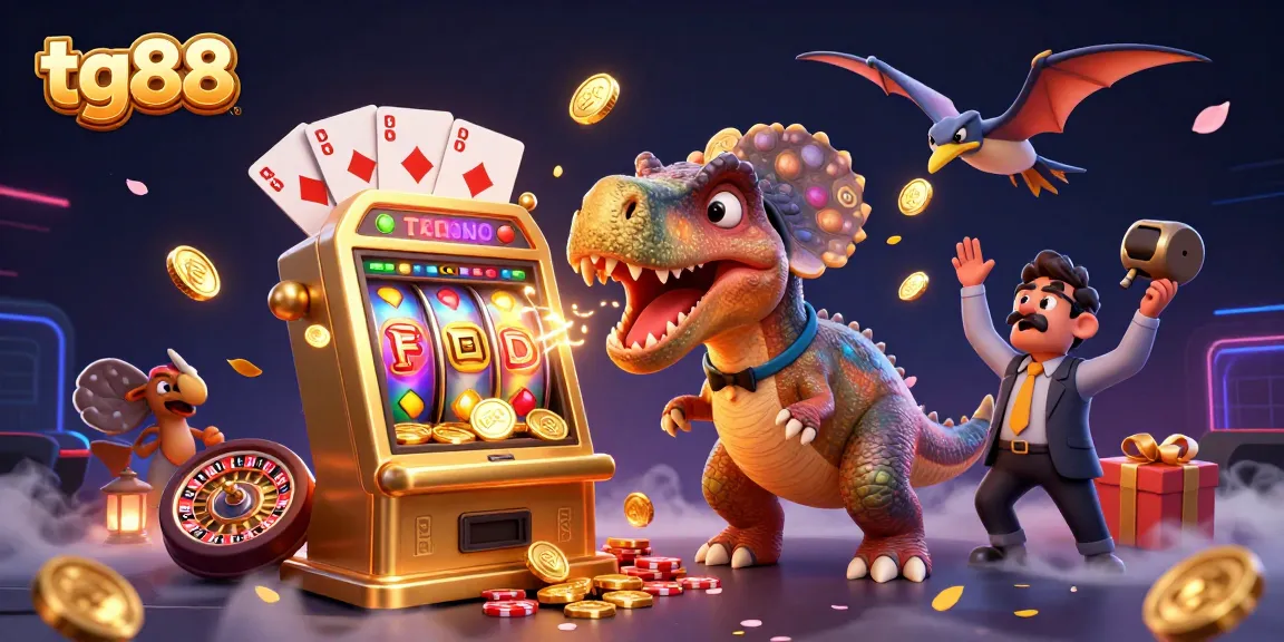 tg88 showcases a pachycephalosaurus winning a jackpot at the slot machine amid a vibrant casino scene.
