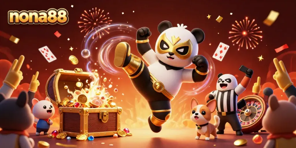Experience the thrill with nona88 as a cartoon panda wrestler kicks off a dynamic casino scene filled with excitement.