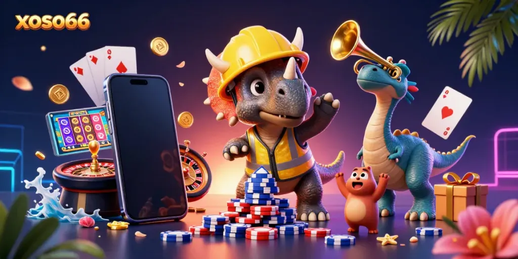 Xoso66 showcases an exciting 3D cartoon scene of casino elements celebrating with a triceratops and friends.