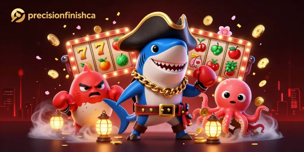 Ilustrasi kasino ceria dengan precisionfinishca, hiu kartun dan pufferfish merayakan kemenangan jackpot.