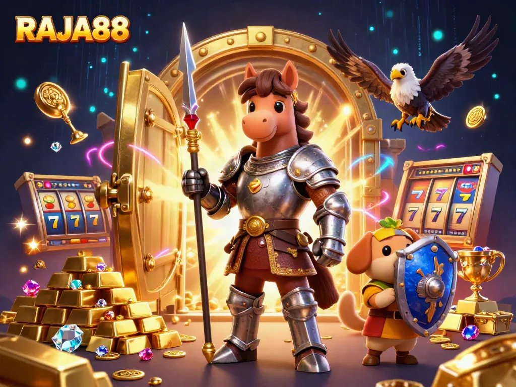 Engage with RAJA88 as a medieval knight, squire puppy, and falcon explore a treasure-filled casino scene.
