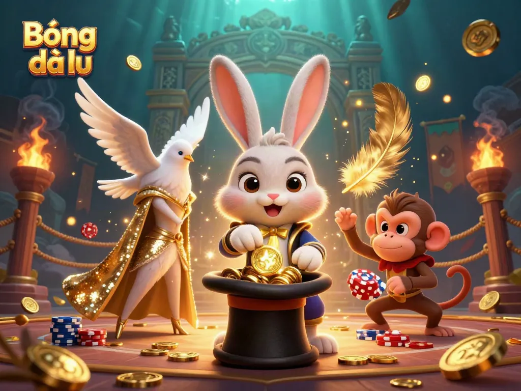 Bóng đá lu engages players with a vibrant scene featuring a magician rabbit and playful casino elements.