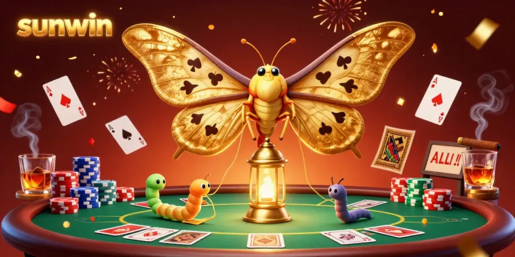 Experience the excitement of sunwin with a vibrant 3D illustration featuring poker elements and animated characters.