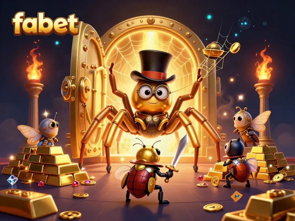 Experience the excitement of fabet with cartoon figures amidst gold treasures and a casino backdrop.
