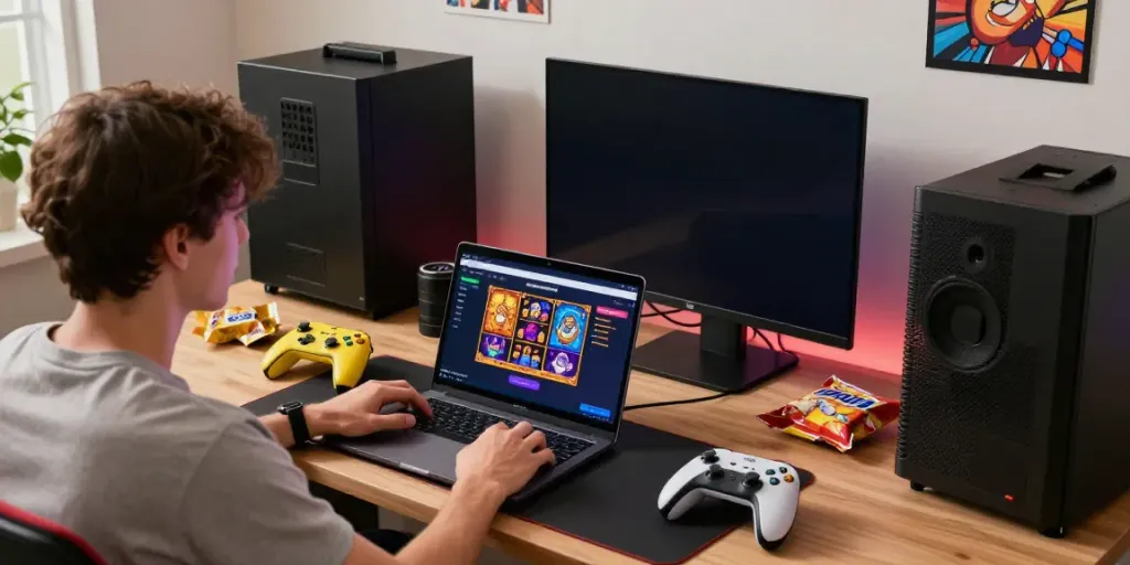 Explore Seributoto daftar in a vibrant gaming setup with a user immersed in slot games on a laptop surrounded by gaming gear.