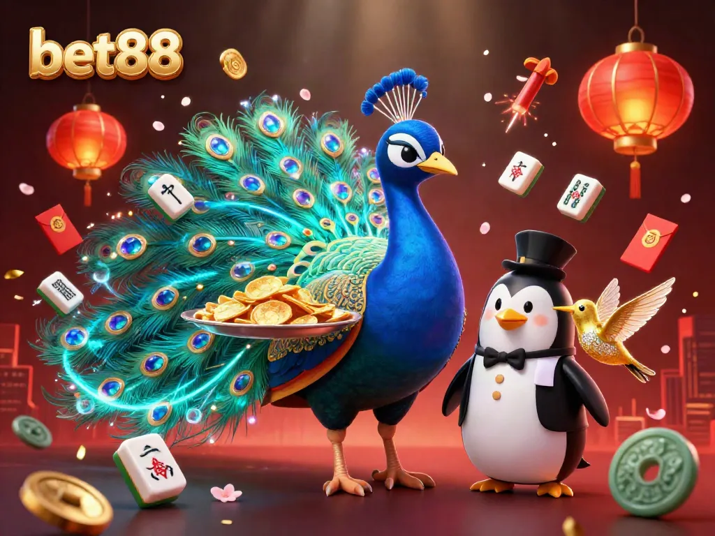 Experience the vibrant atmosphere of bet88 with a peacock, a butler penguin, and golden chips in this dynamic casino scene.