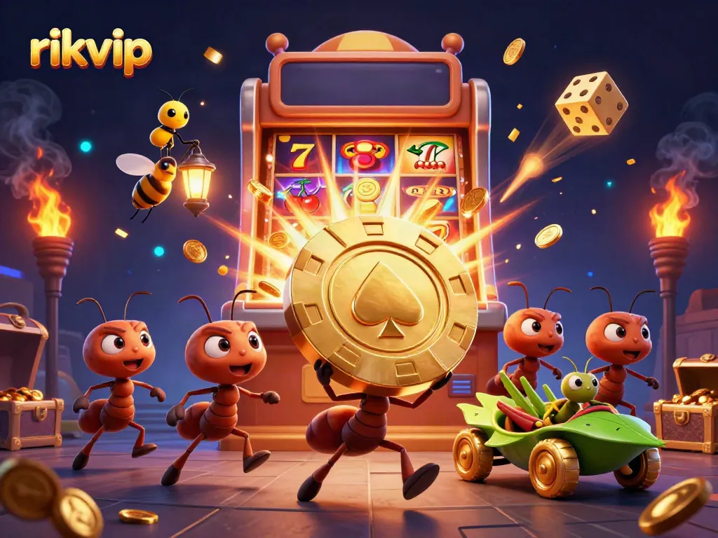 Join the fun at rikvip with a thrilling heist scene featuring ants and casino elements.