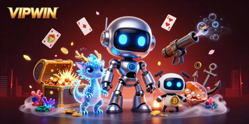 Experience the excitement of VIPWIN with a futuristic 3D illustration of a cyberpunk robot and a digital dragon.